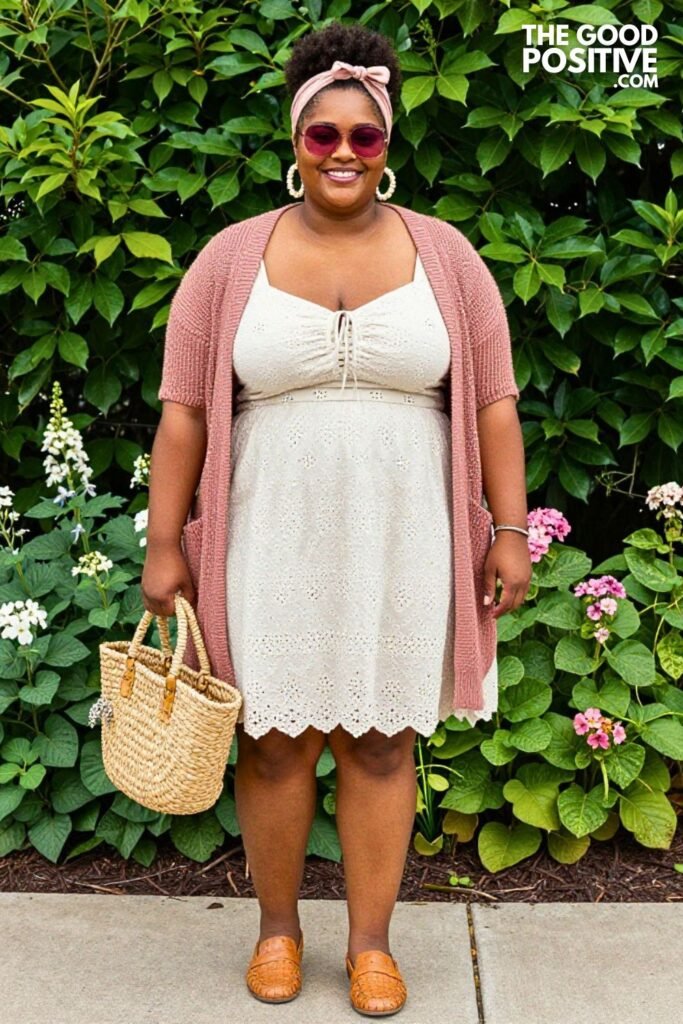 Ivory Eyelet Cotton Swing Dress With Dusty Rose Cardigan And Woven Leather Loafers