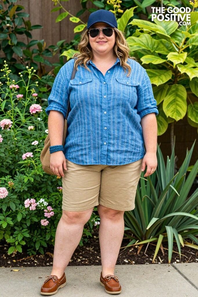 Khaki High Rise Bermuda Shorts With Blue Striped Oversized Linen Shirt