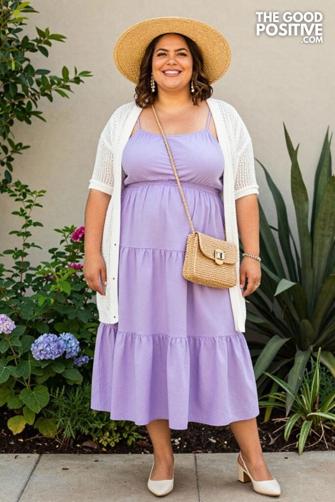 Lavender Empire Waist Tiered Maxi Dress With Lightweight White Cardigan