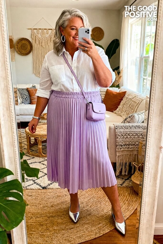 Lavender Pleated Midi Skirt With White Poplin Shirt