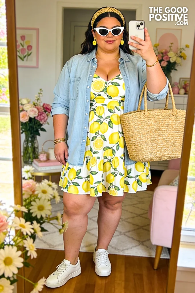 Lemon Print Cotton Sundress With Tied Chambray Shirt