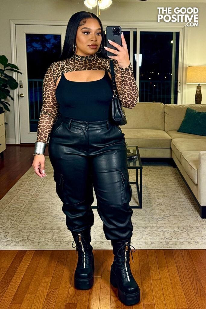 Leopard Mesh Long-Sleeve With Faux Leather Cargo Pants And Platform Boots