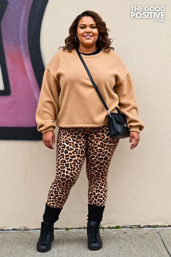 Leopard Print Leggings With Oversized Camel Fleece Pullover