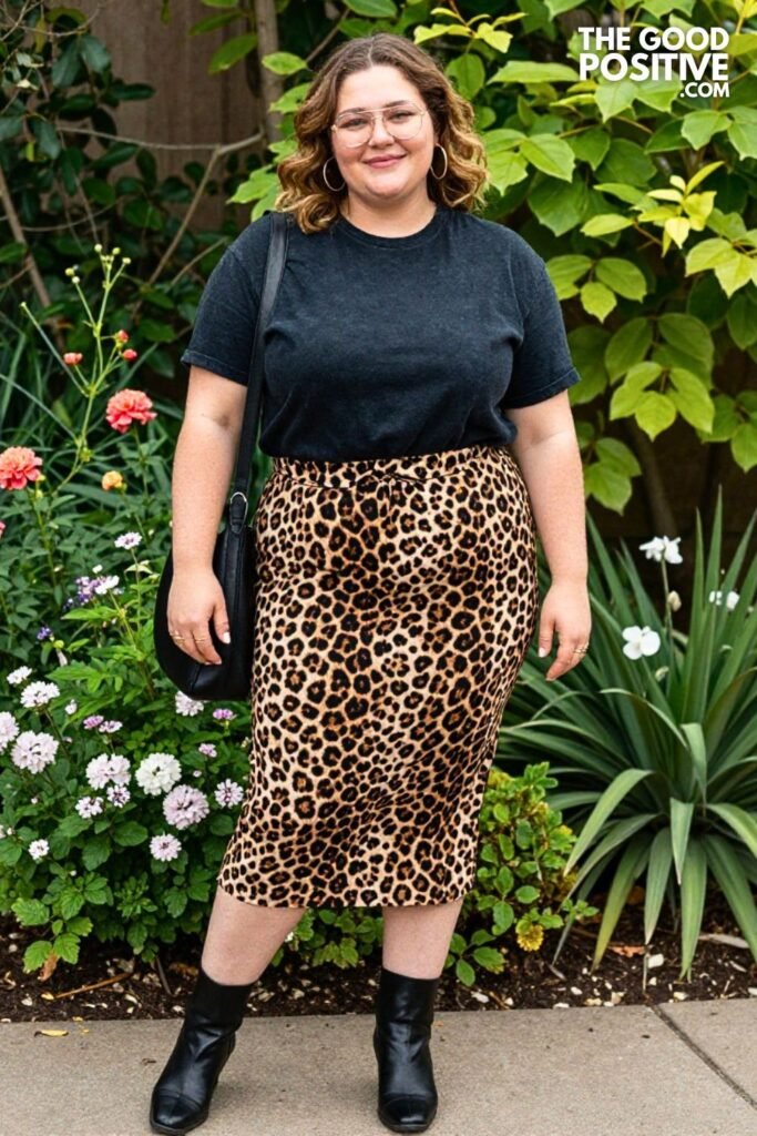 Leopard Print Midi Skirt With Washed Black Oversized Tee And Square Toe Boots