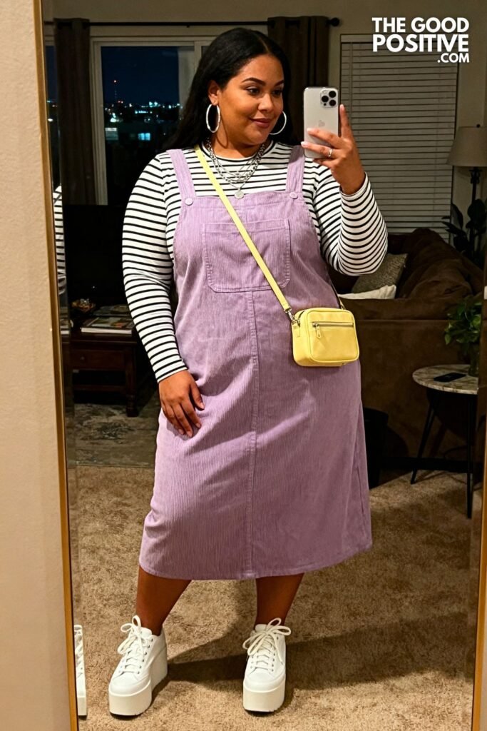 Lilac Corduroy Pinafore Dress With Striped Long-Sleeve Tee And Platform Sneakers