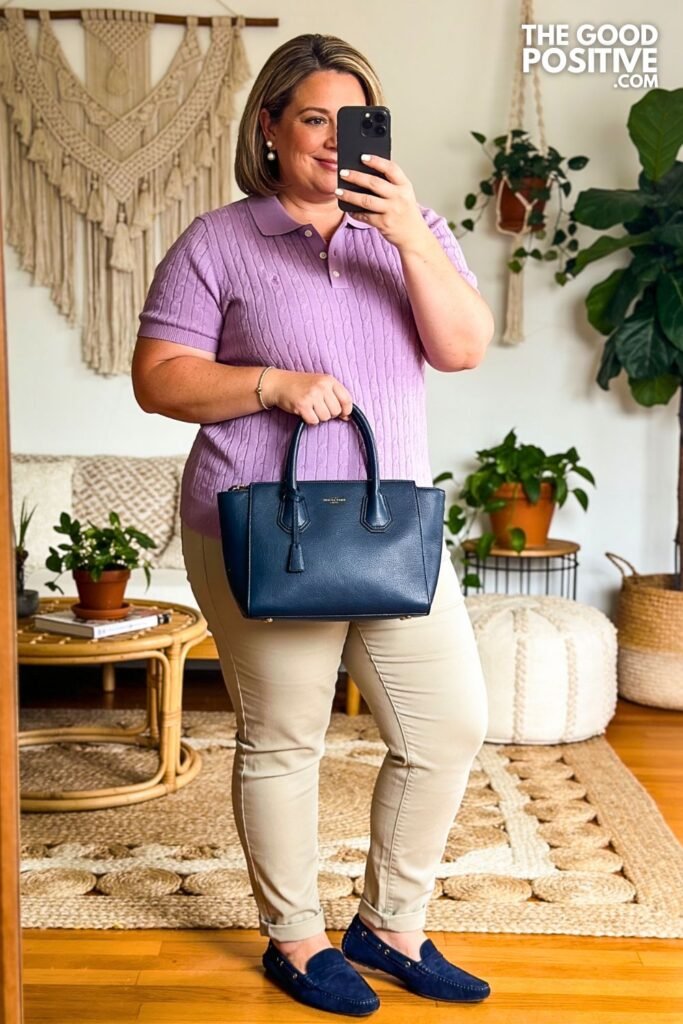Lilac Knit Polo With Light Khaki Straight Pants