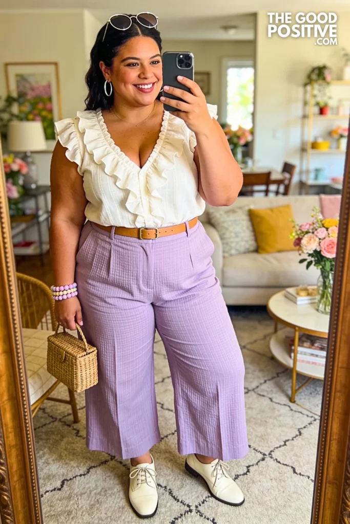 Lilac Seersucker Wide-Leg Trousers With Ruffled Ivory Blouse