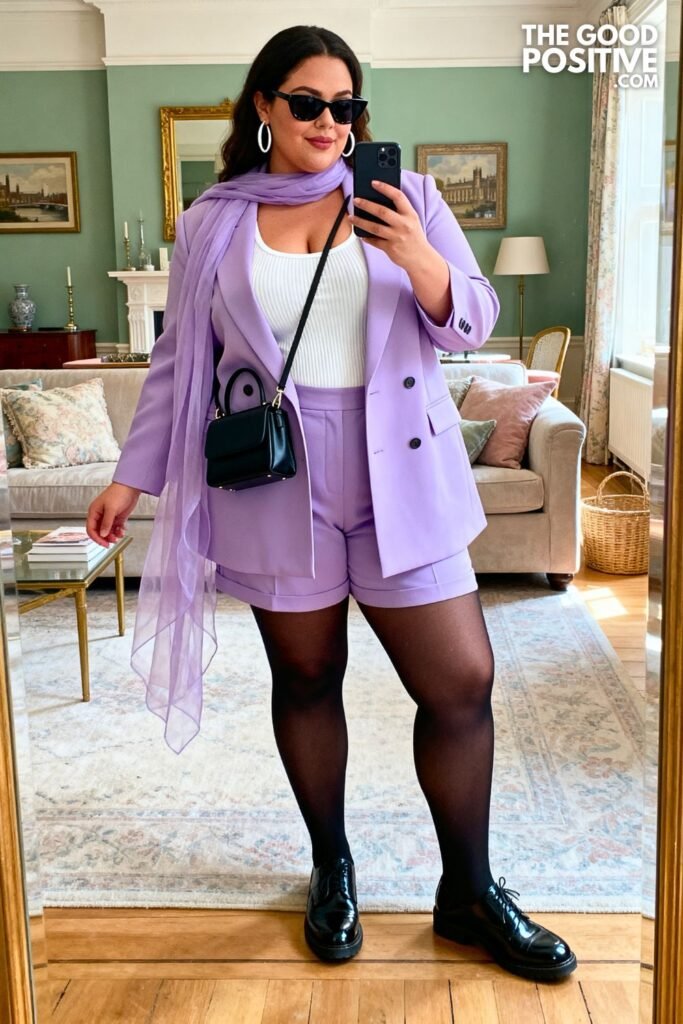 Lilac Tailored Blazer With Matching Bermuda Shorts And Black Derby Shoes