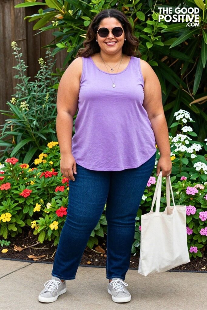 Lilac Trapeze Tunic Top With Dark Wash Straight Leg Jeans