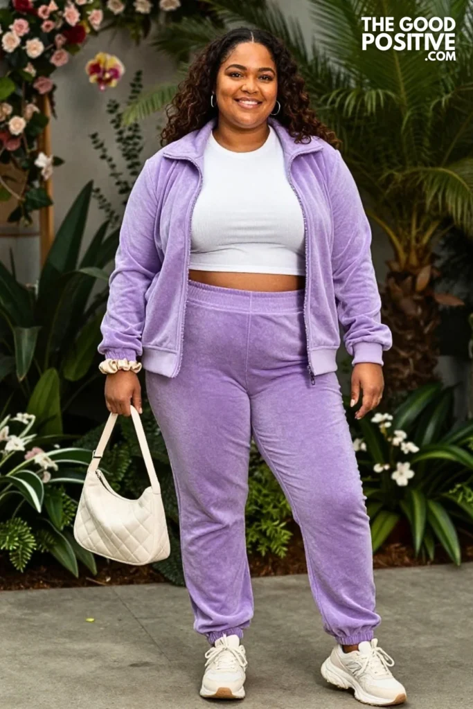 Lilac Velour Track Set With Retro Sneakers