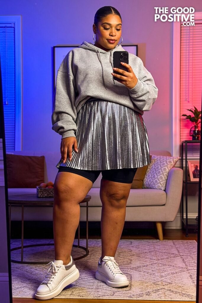 Metallic Silver Pleated Midi Skirt With Oversized Graphite Hoodie And White Sneakers
