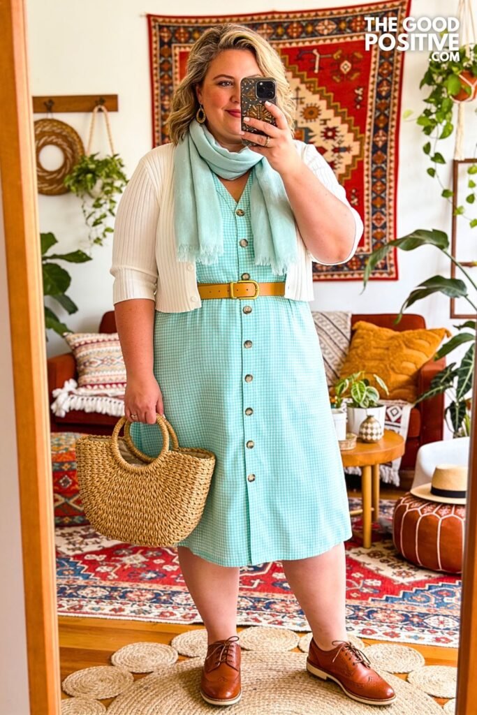 Mint Gingham Midi Dress With Cropped Cardigan