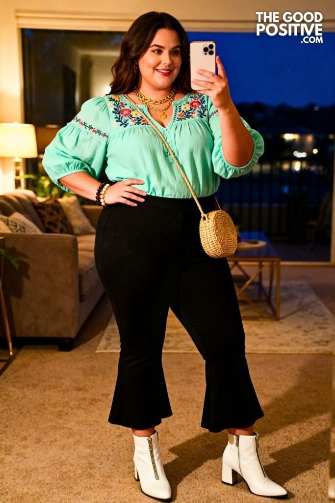 Mint Green Embroidered Peasant Blouse With Black Flared Pants And White Leather Booties