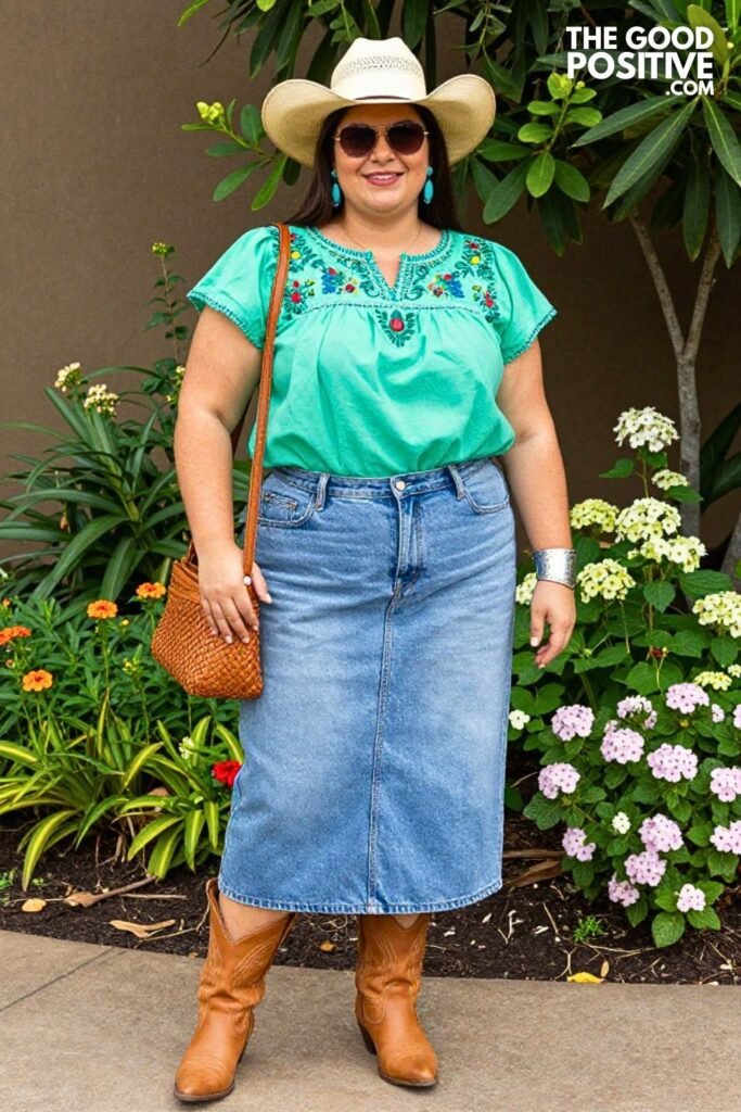 Mint Green Embroidered Peasant Blouse With Light Wash Denim Midi Skirt And Tan Western Boots