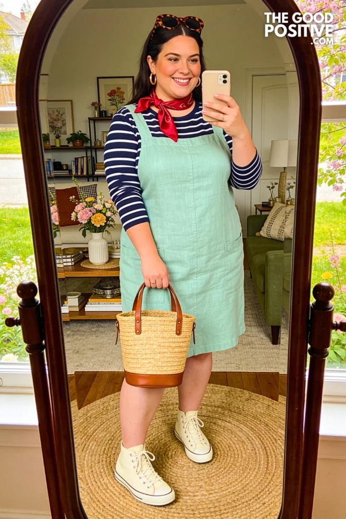 Mint Green Linen Pinafore Dress With Striped Breton Tee