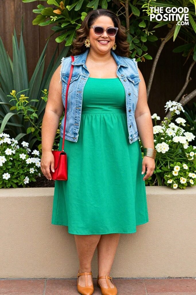 Mint Green Poplin Trapeze Midi Dress With Light Wash Denim Shacket