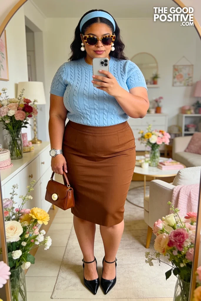 Mocha Brown Pencil Skirt With Pastel Blue Cable-Knit Top