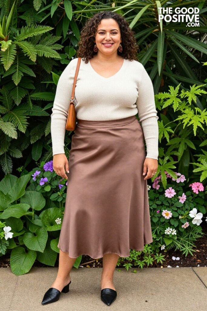Mocha Satin Midi Skirt With Cream Ribbed V-Neck Sweater And Pointed Mules