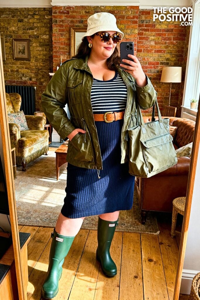 Navy Breton Stripe Knit Midi Dress With Olive Waxed Jacket And Wellington Boots