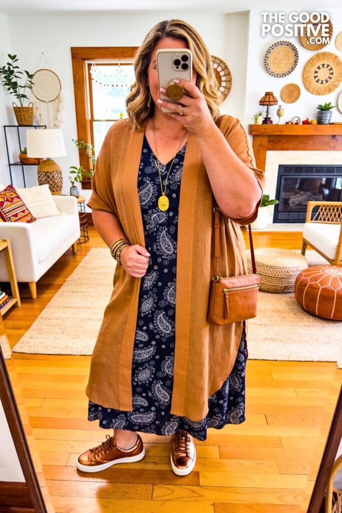 Navy Paisley Maxi Dress With Tan Cardigan