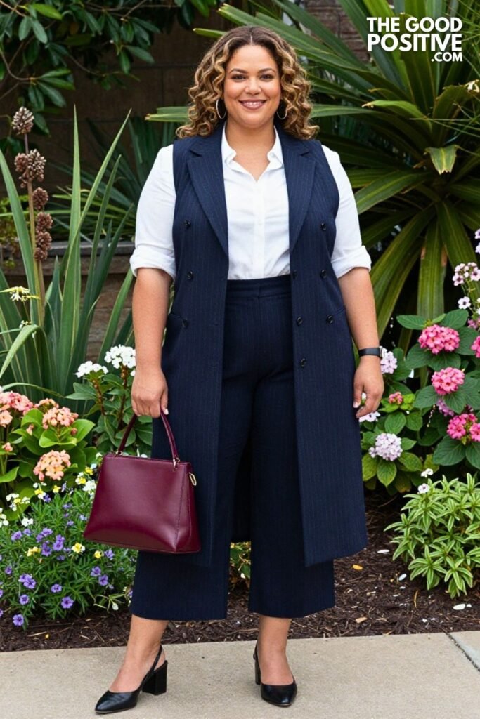 Navy Pinstripe Longline Vest With White Poplin Shirt And Cropped Wide Trousers