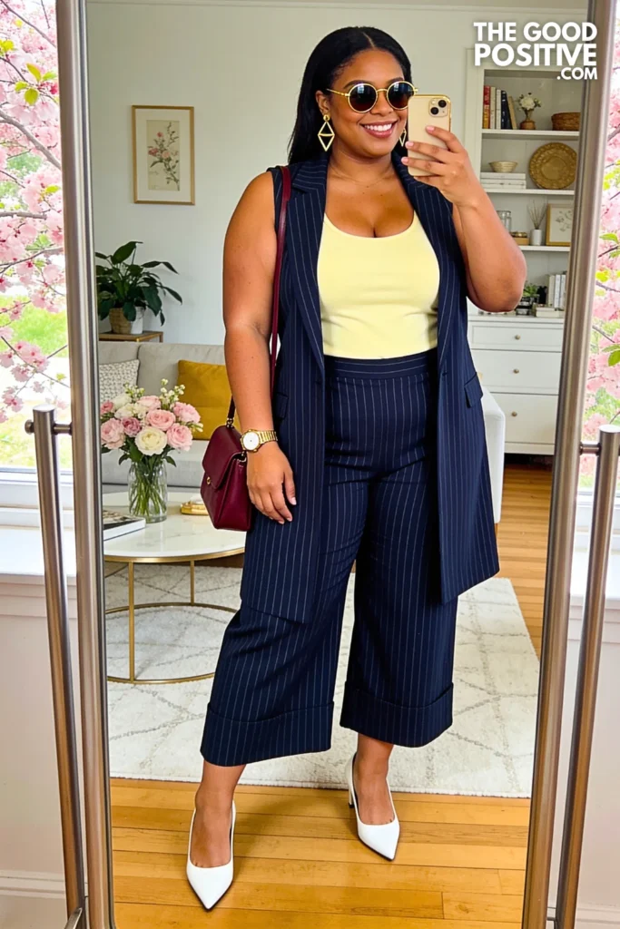 Navy Pinstripe Vest And Culottes Set With Pastel Tank