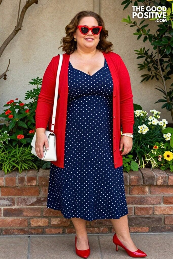 Navy Polka Dot V Neck A Line Midi Dress With Red Open Cardigan