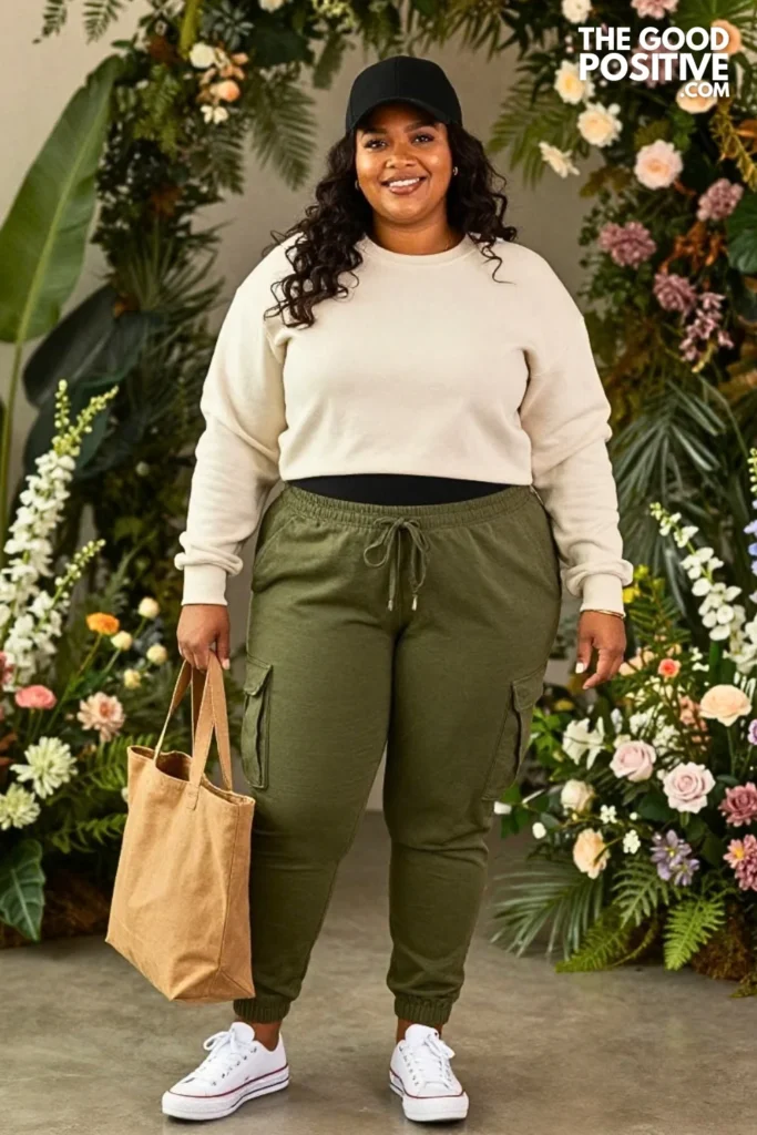 Olive Cargo Joggers With Cream Cropped Sweatshirt