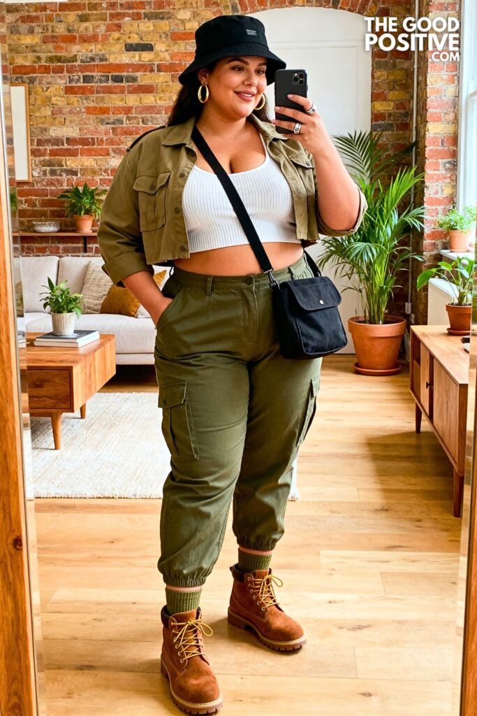 Olive Cargo Trousers With Ribbed White Tank, Khaki Jacket, And Suede Desert Boots