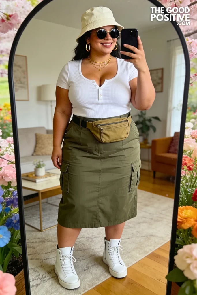 Olive Green Cargo Midi Skirt With Fitted White Henley