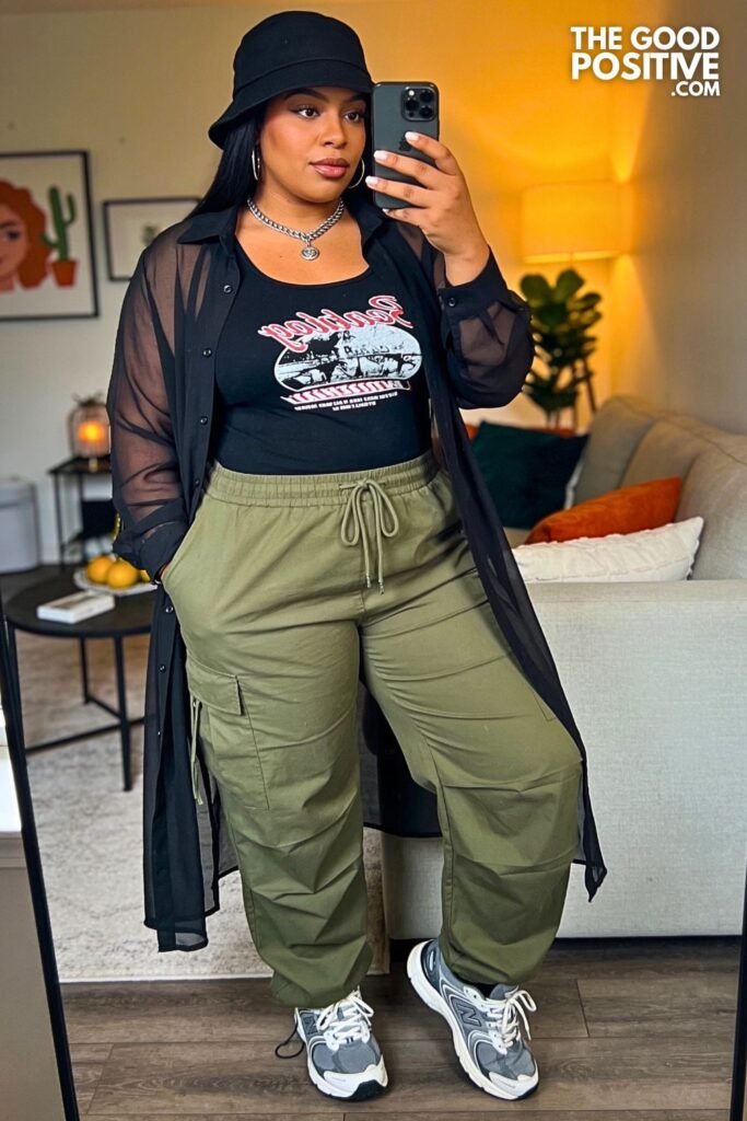 Olive Parachute Pants With Black Mesh Overshirt And Retro Runners