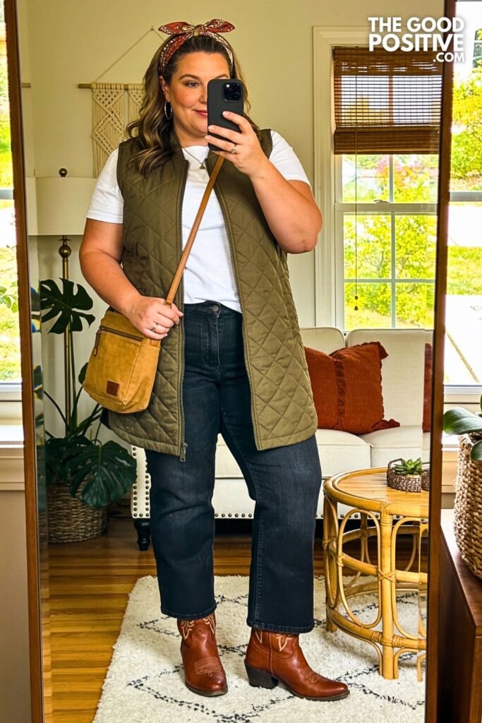 Olive Quilted Vest Over White Tee With Dark Wash Bootcut Jeans