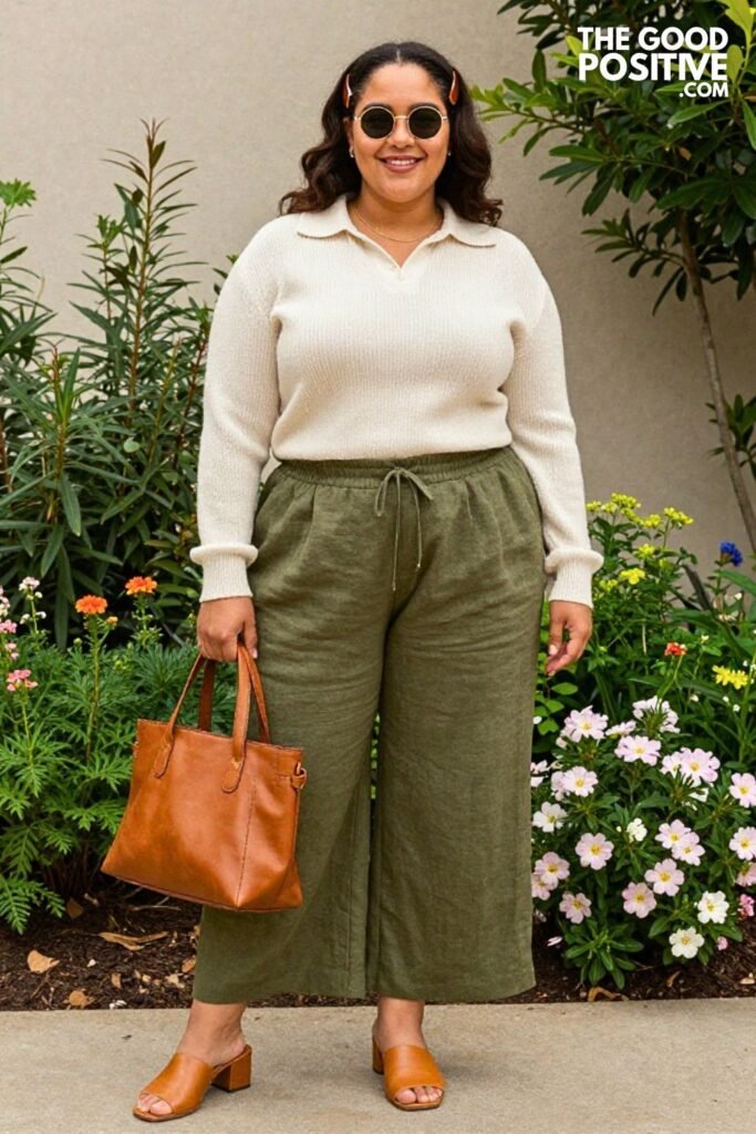 Olive Wide Leg Pull On Linen Pants With Cream Longline Polo Sweater