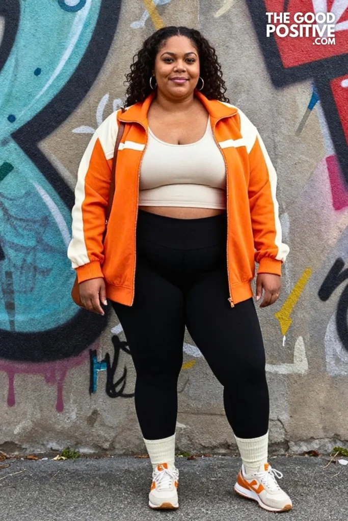 Orange And Cream Color Block Jacket With Black Leggings