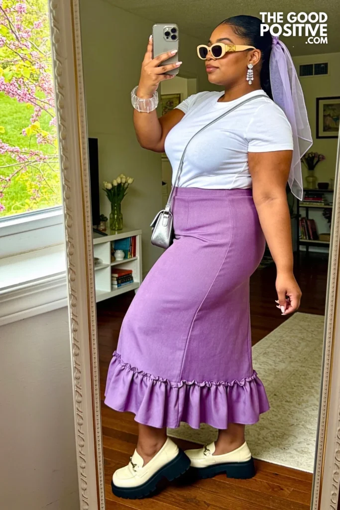 Orchid Purple Ruffle-Hem Maxi Skirt With Fitted White Tee
