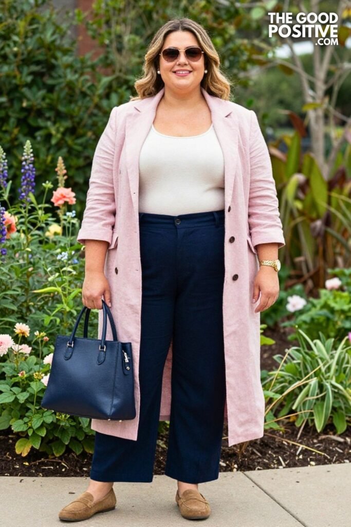 Pale Pink Longline Blazer With Ivory Tank And Navy Straight Leg Trousers