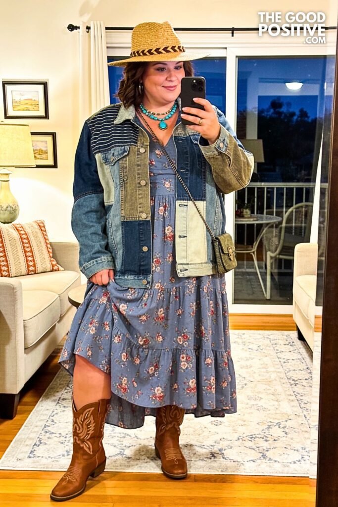Patchwork Denim Jacket Over Floral Maxi Dress With Cowboy Boots