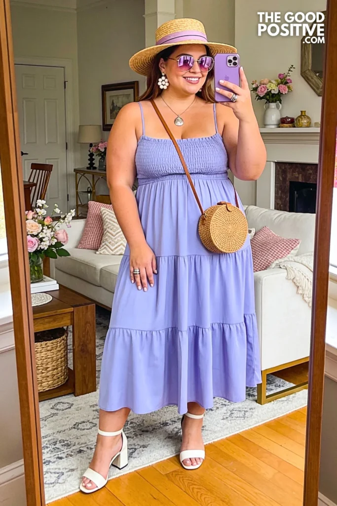 Periwinkle Smocked Maxi Dress With Straw Fedora