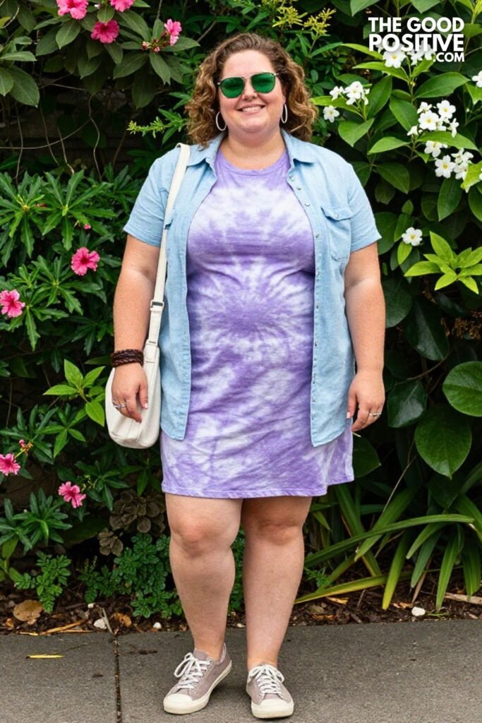 Periwinkle Tie Dye Tee Dress With Open Chambray Shirt And Taupe Suede Sneakers