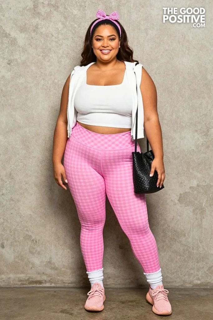 Pink Gingham Capri Leggings With White Zip Hoodie