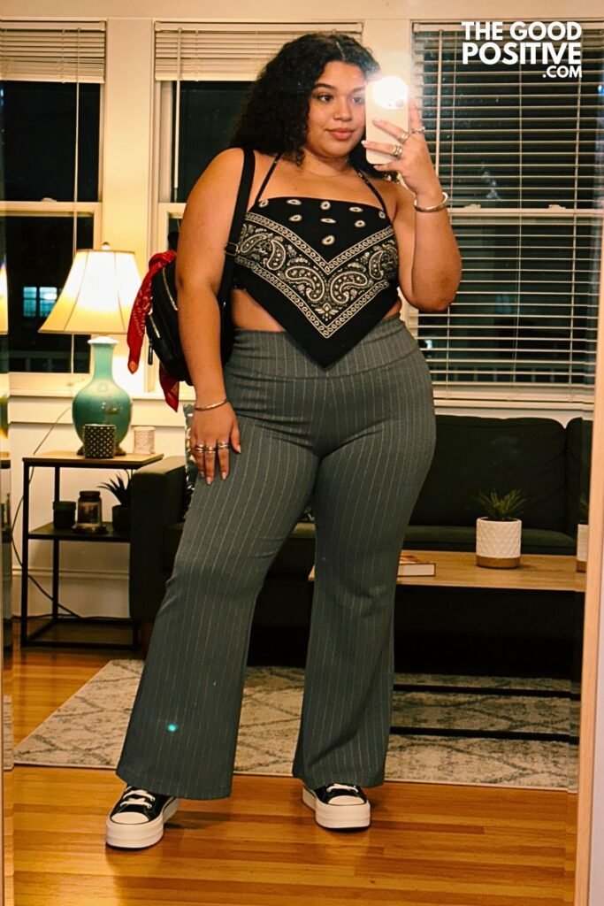 Pinstripe Wide-Leg Pants With Black Bandana Halter Top And Platform Canvas Sneakers