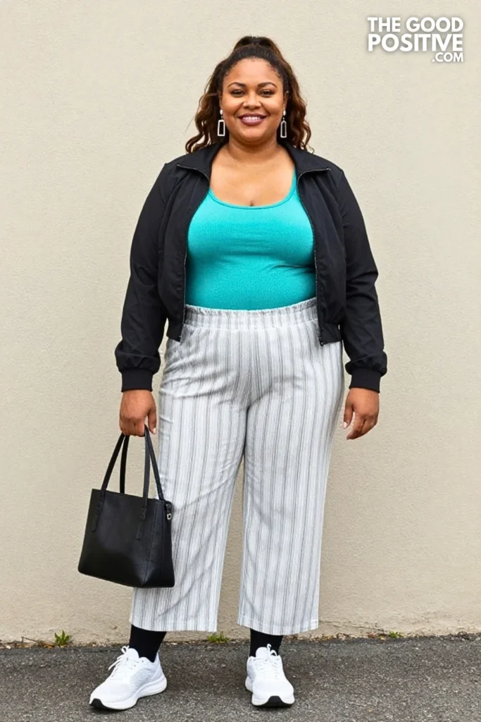 Pinstripe Wide Leg Track Pants With Fitted Turquoise Tank