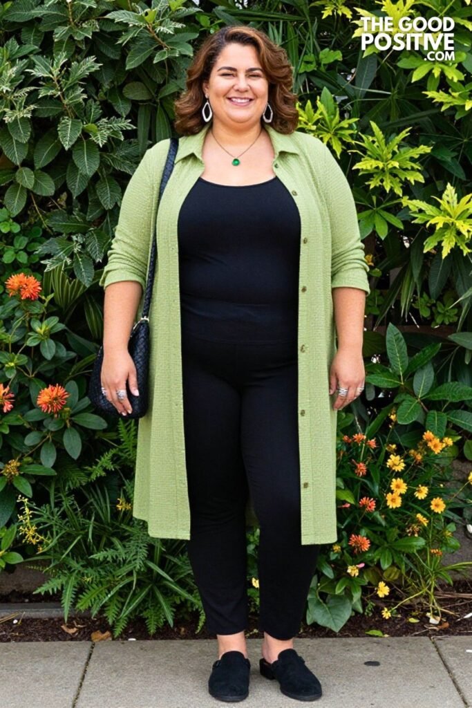 Pistachio Gingham Duster Jacket With Black Tank And Straight Leg Pants