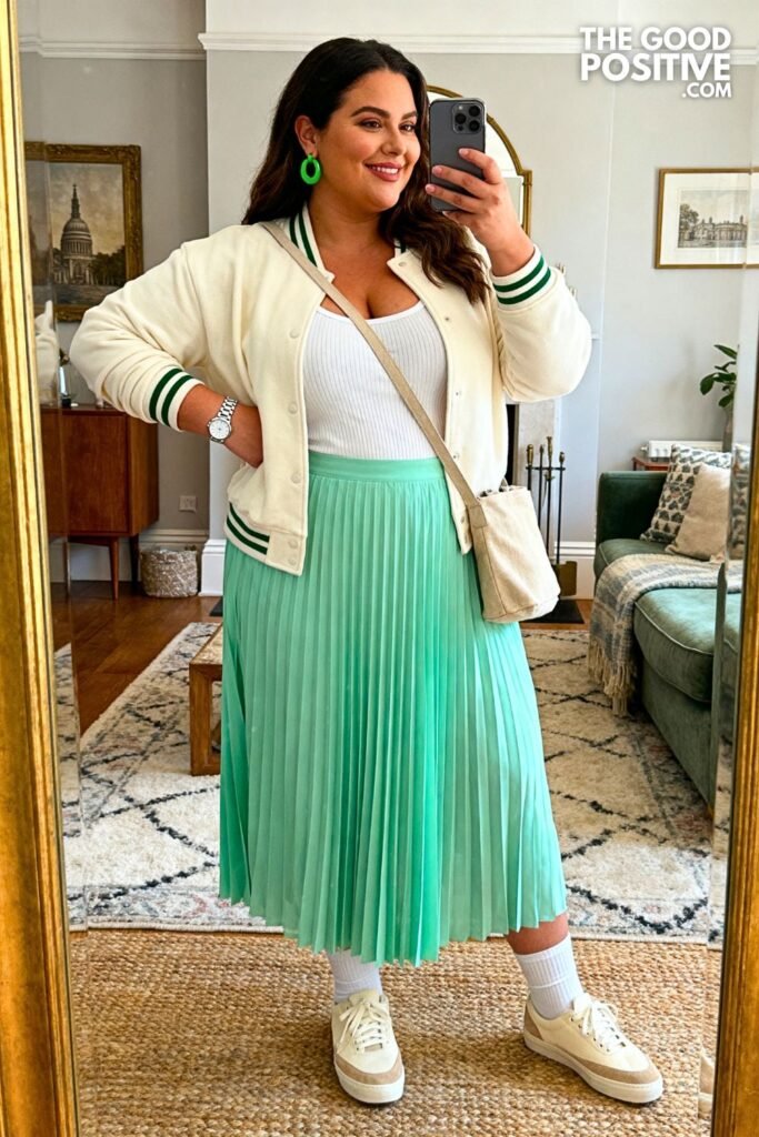Pistachio Pleated Maxi Skirt With Cream Varsity Cardigan And Suede Trainers