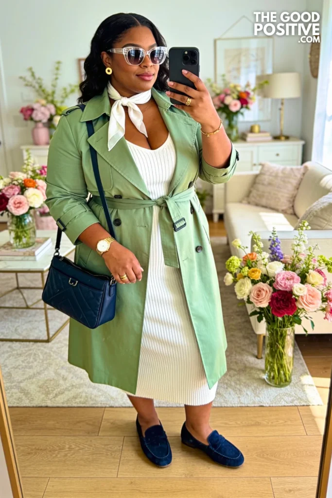 Pistachio Trench Coat Over White Knit Midi Dress