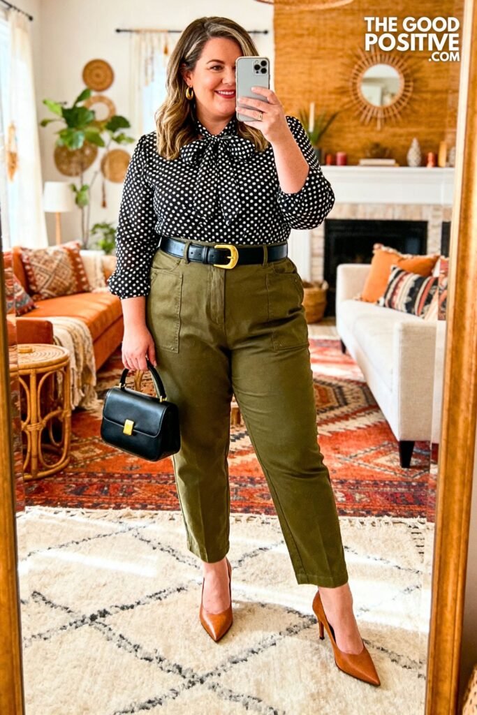 Polka Dot Blouse With Olive Utility Pants