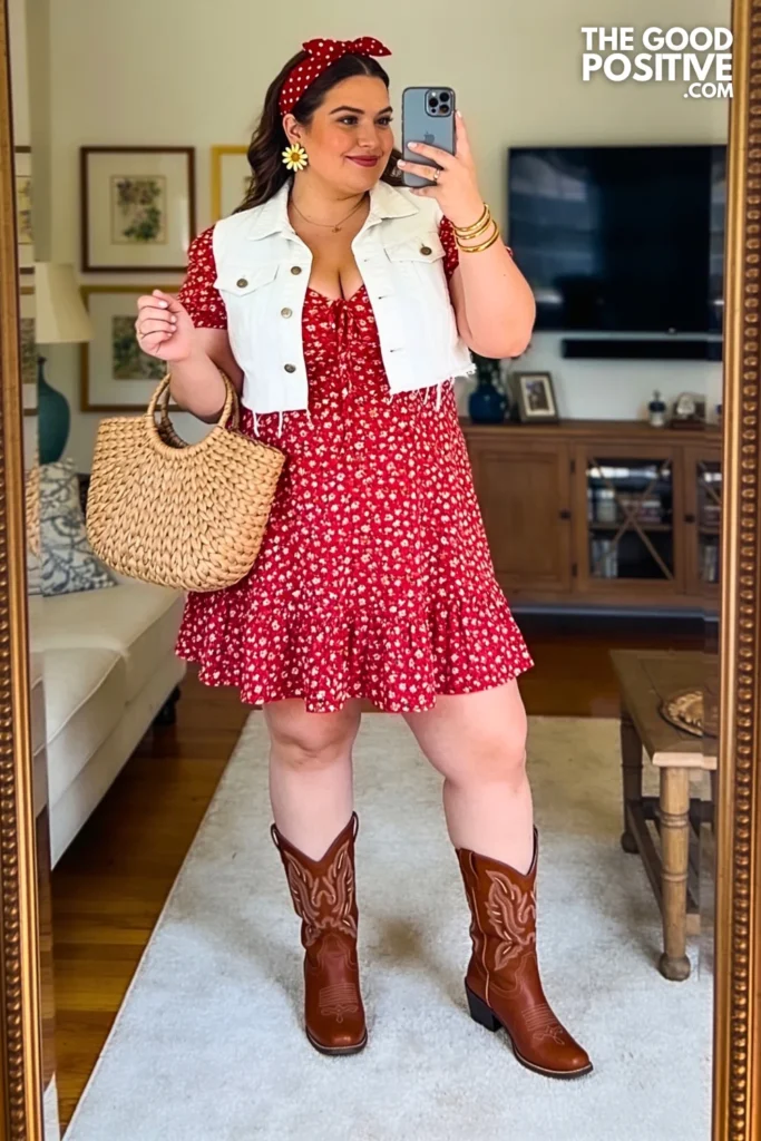 Poppy Red Ditsy Floral Tea Dress With Western-Inspired Booties