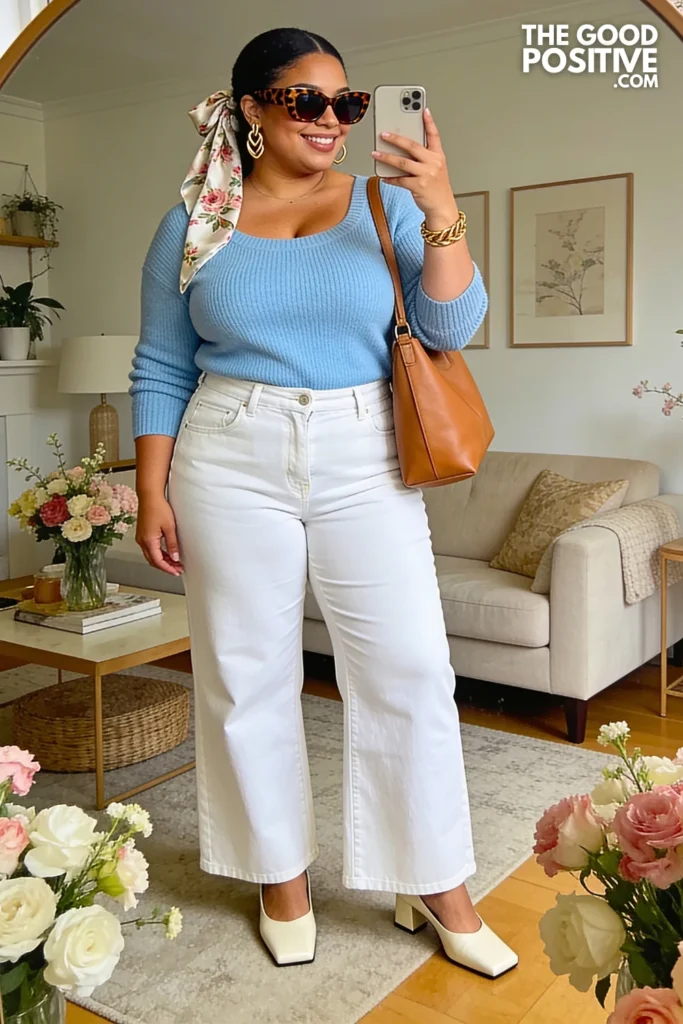 Powder Blue Boat-Neck Knit Sweater With White Wide-Leg Jeans