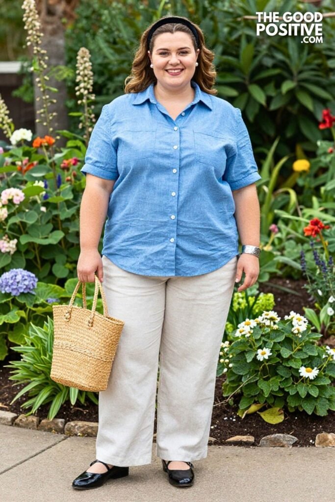 Powder Blue Seersucker Shirt With Ivory Linen Pants And Black Mary Janes