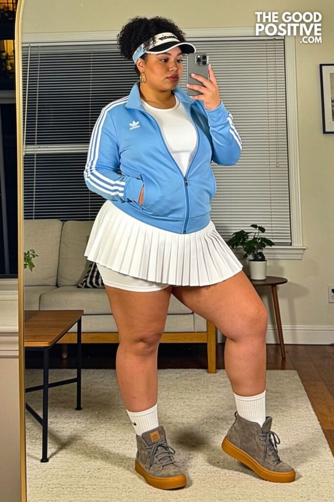 Powder Blue Track Jacket With Pleated Tennis Skirt And Retro Sneakers